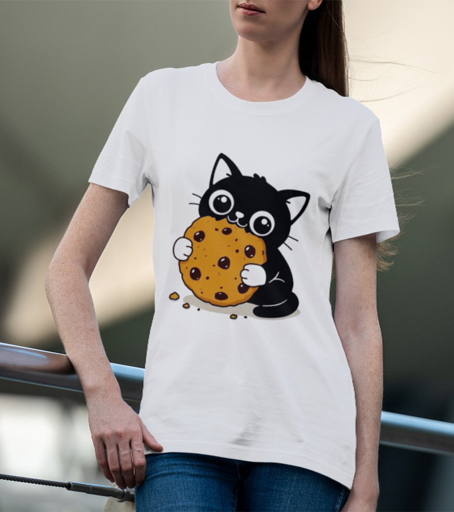 Black Cat Holding Chocolate Chip Cookie T-Shirt