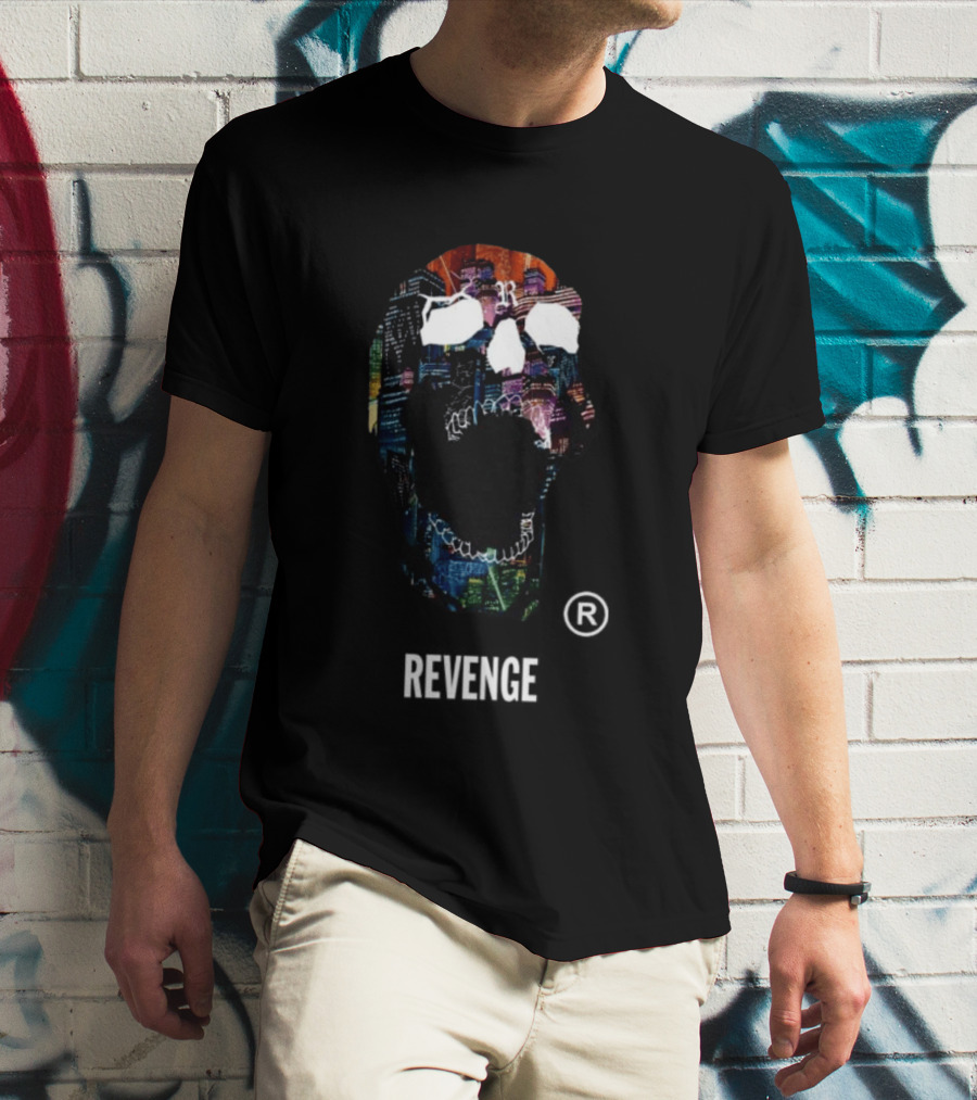 Revenge Neon Skull Cityscape Lights Black T-Shirt