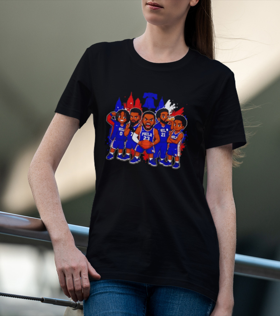 Philadelphia 76ers Cartoon Players With Liberty Bell Skyline T-Shirt