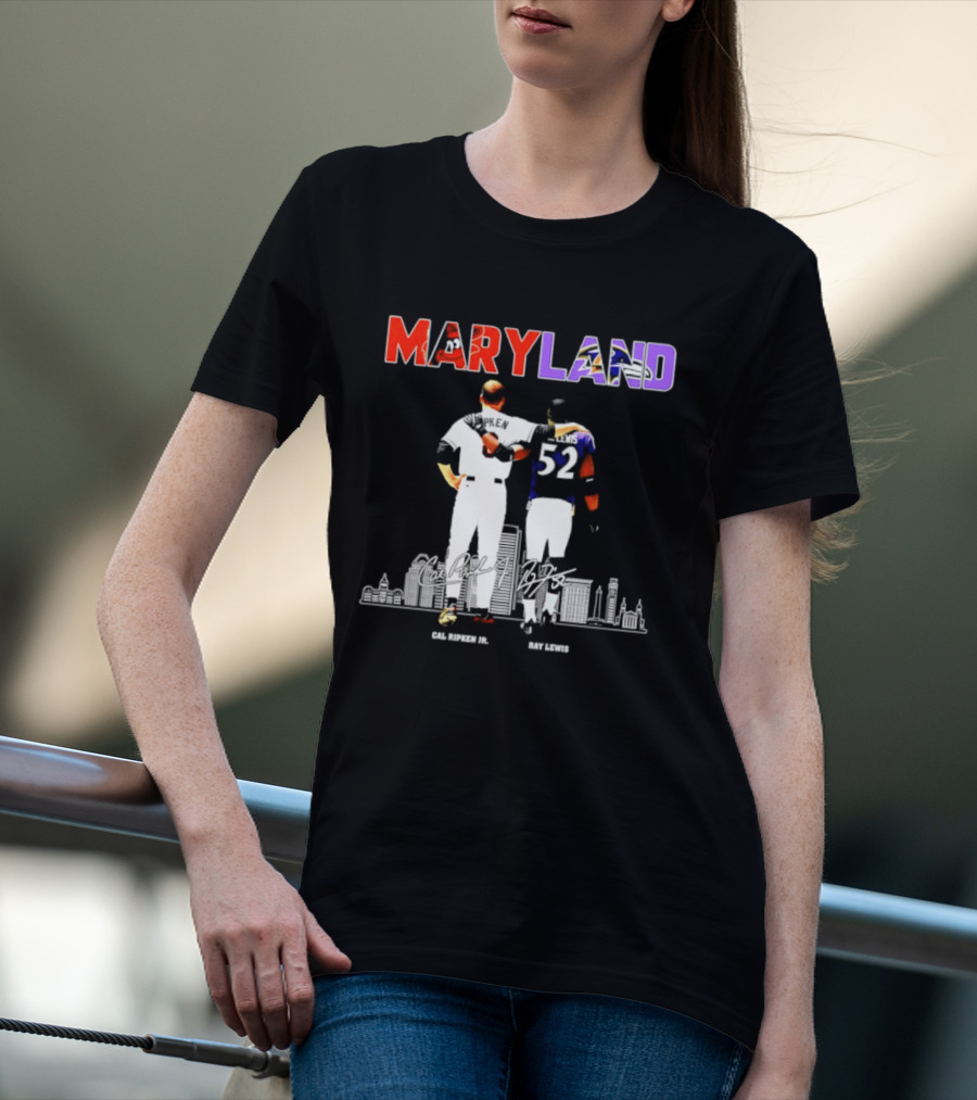 Maryland Cal Ripken Jr 8 Baltimore Orioles Ray Lewis 52 Baltimore Ravens Skyline T-Shirt