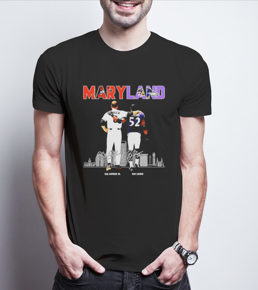 Maryland Cal Ripken Jr 8 Baltimore Orioles Ray Lewis 52 Baltimore Ravens Skyline T-Shirt