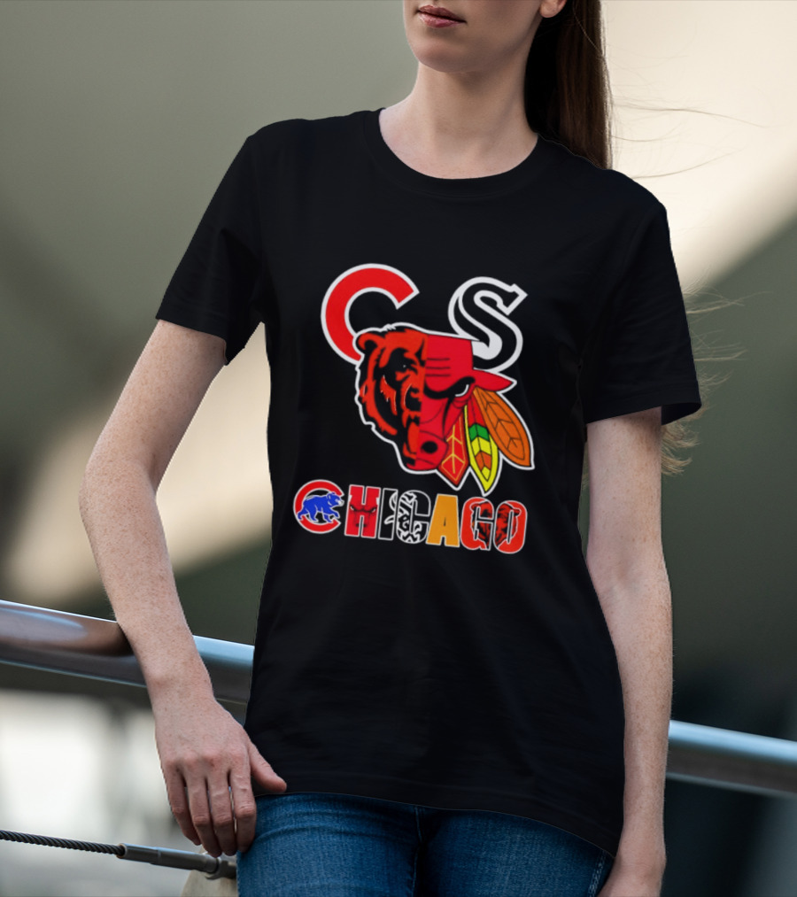 Chicago Bears Bulls Blackhawks Cubs White Sox Sports Team Collage T-Shirt