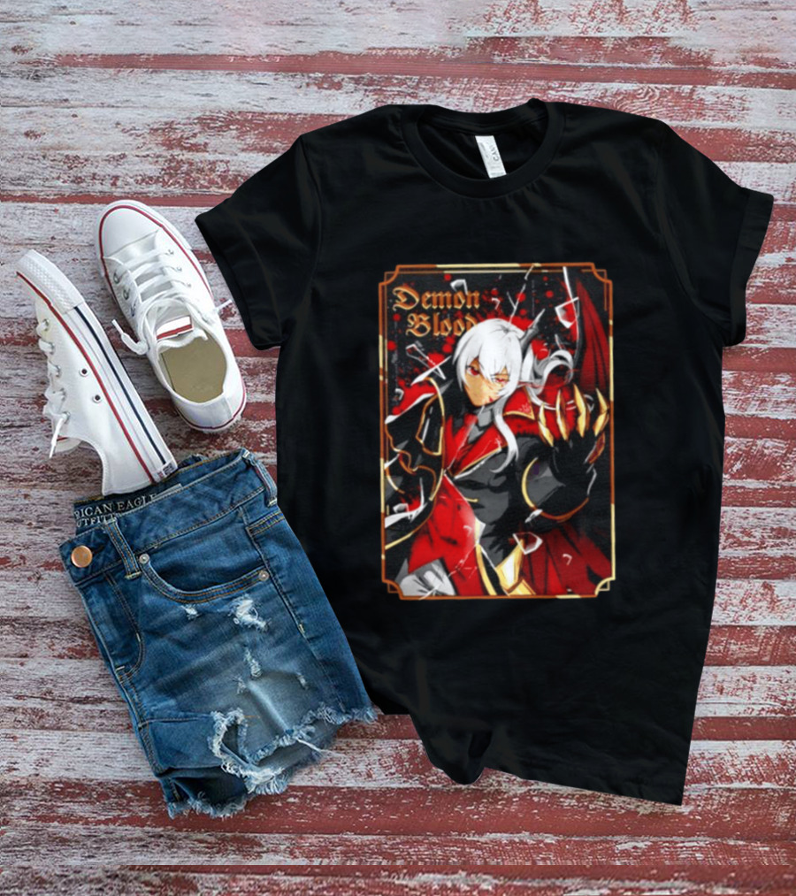 Demon Blood Anime Fantasy Dark Character Design With White Hair And Red Accents T-Shirt