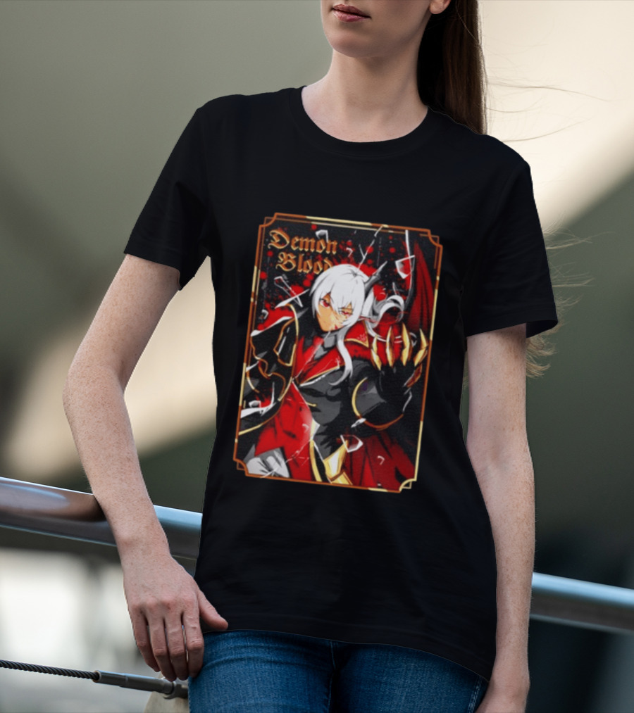 Demon Blood Anime Fantasy Dark Character Design With White Hair And Red Accents T-Shirt