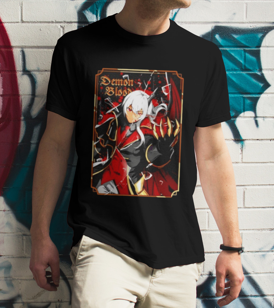 Demon Blood Anime Fantasy Dark Character Design With White Hair And Red Accents T-Shirt