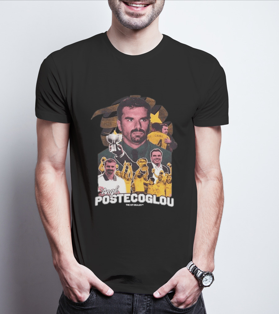 Ange Postecoglou Celebratory Moments With Trophy And Team T-Shirt