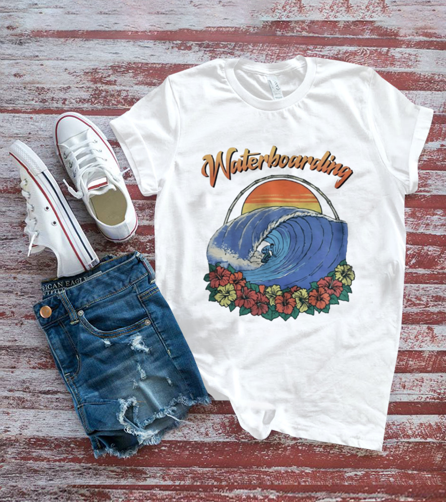 Waterboarding Surfing Tropical Hibiscus Flower Sunset Wave T-Shirt