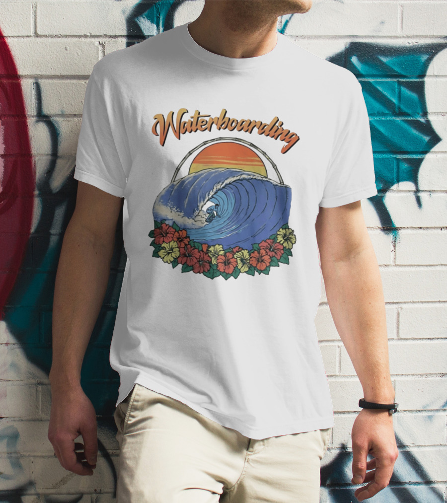 Waterboarding Surfing Tropical Hibiscus Flower Sunset Wave T-Shirt