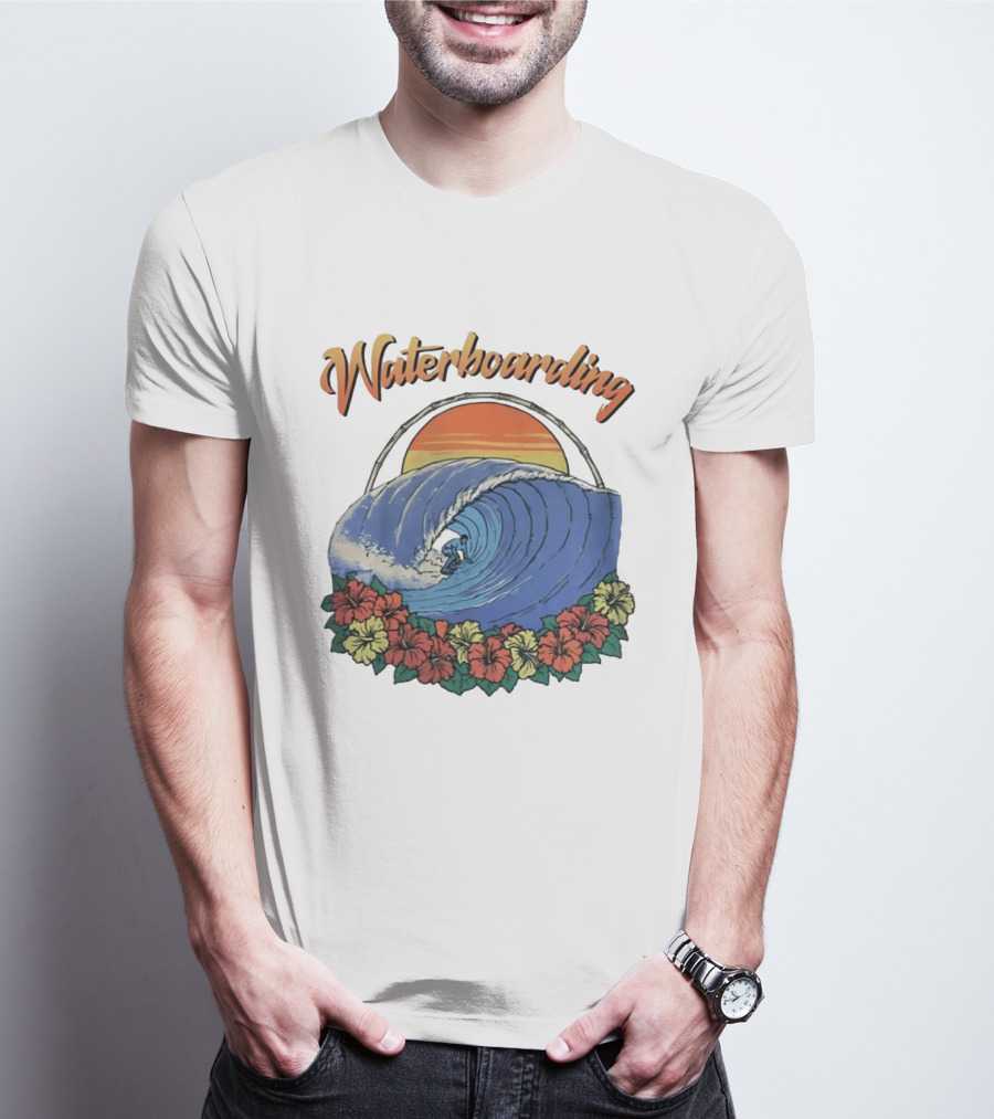 Waterboarding Surfing Tropical Hibiscus Flower Sunset Wave T-Shirt