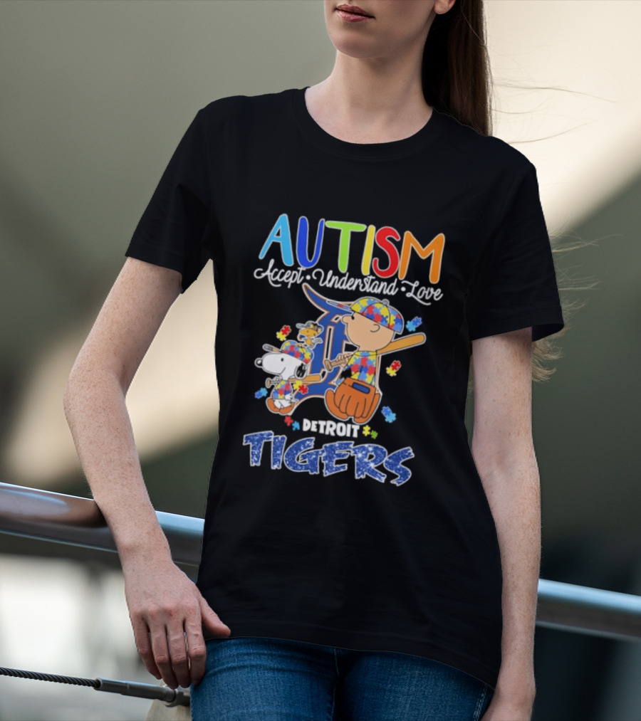 Autism Accept Understand Love Snoopy Charlie Brown Detroit Tigers T-Shirt