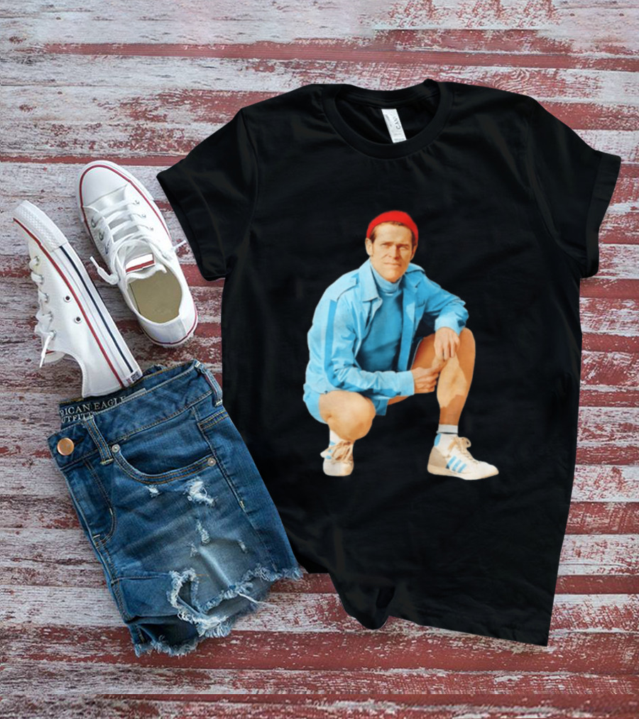 Klaus Willem Dafoe Retro Style With Red Beanie And Blue Tracksuit T-Shirt