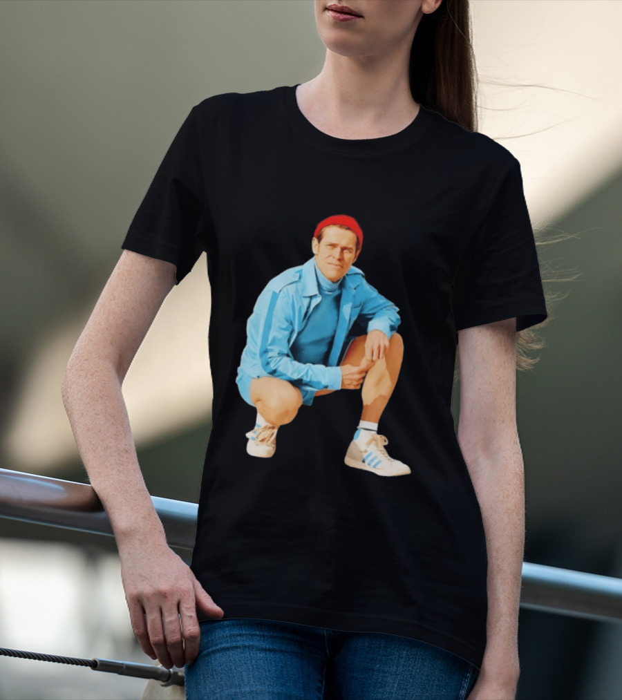 Klaus Willem Dafoe Retro Style With Red Beanie And Blue Tracksuit T-Shirt