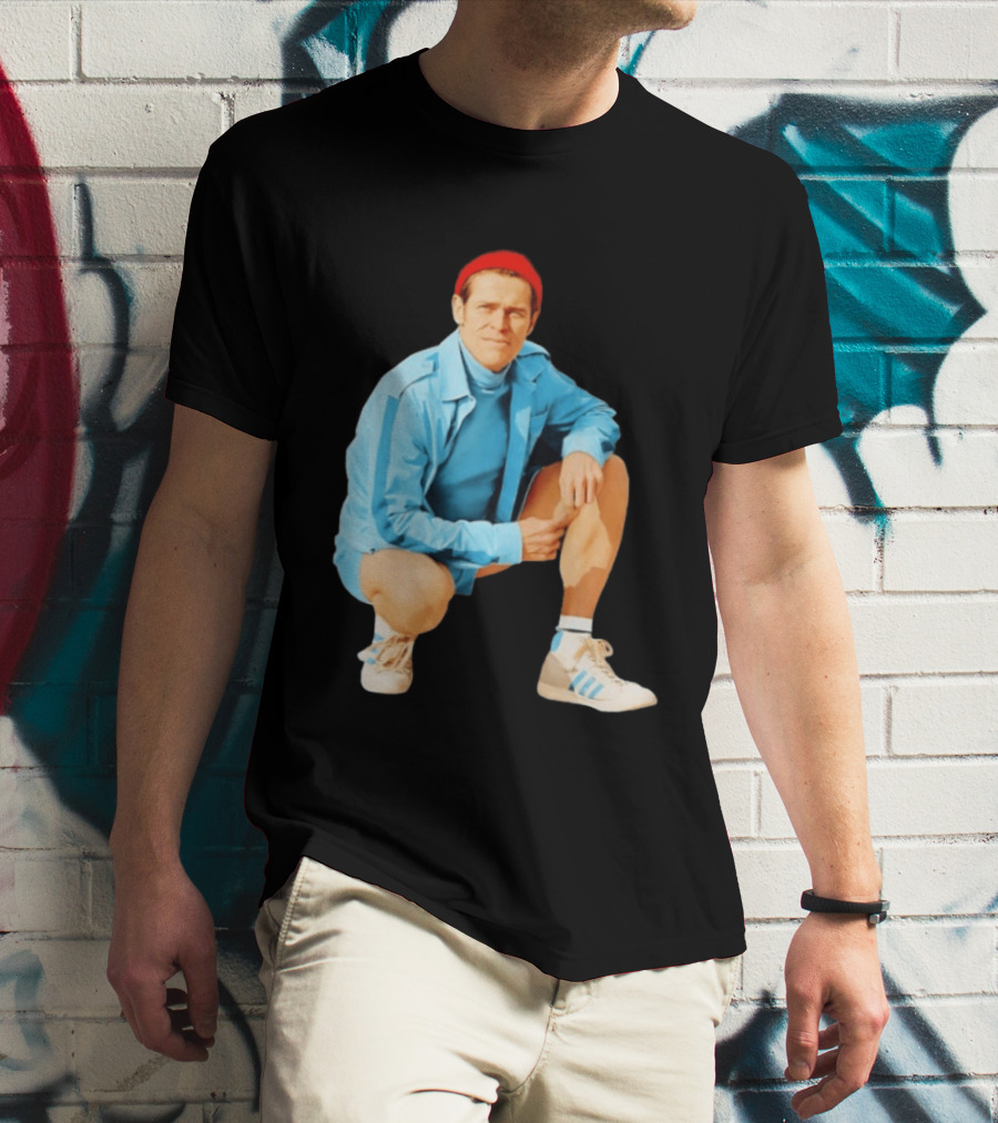 Klaus Willem Dafoe Retro Style With Red Beanie And Blue Tracksuit T-Shirt