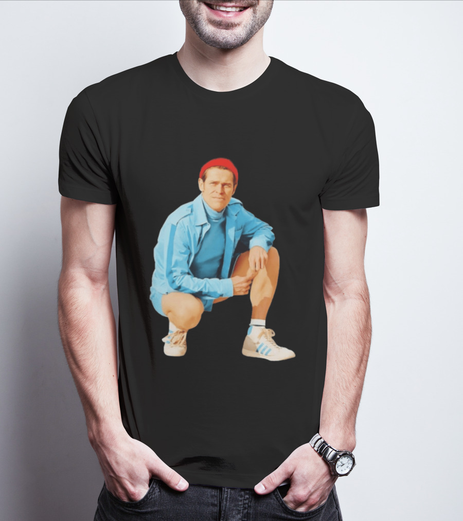 Klaus Willem Dafoe Retro Style With Red Beanie And Blue Tracksuit T-Shirt