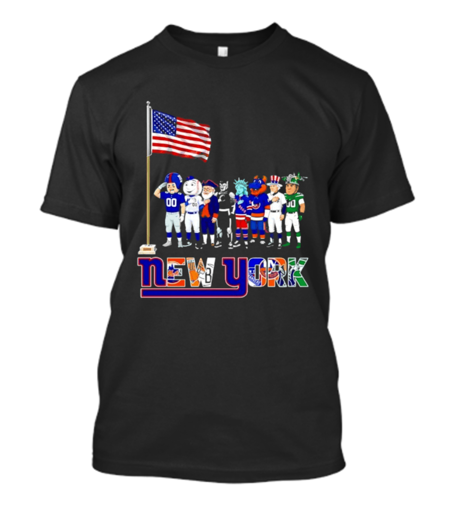 New York Sports Teams Mascots American Flag Giants Yankees Mets Rangers Knicks Jets T-Shirt