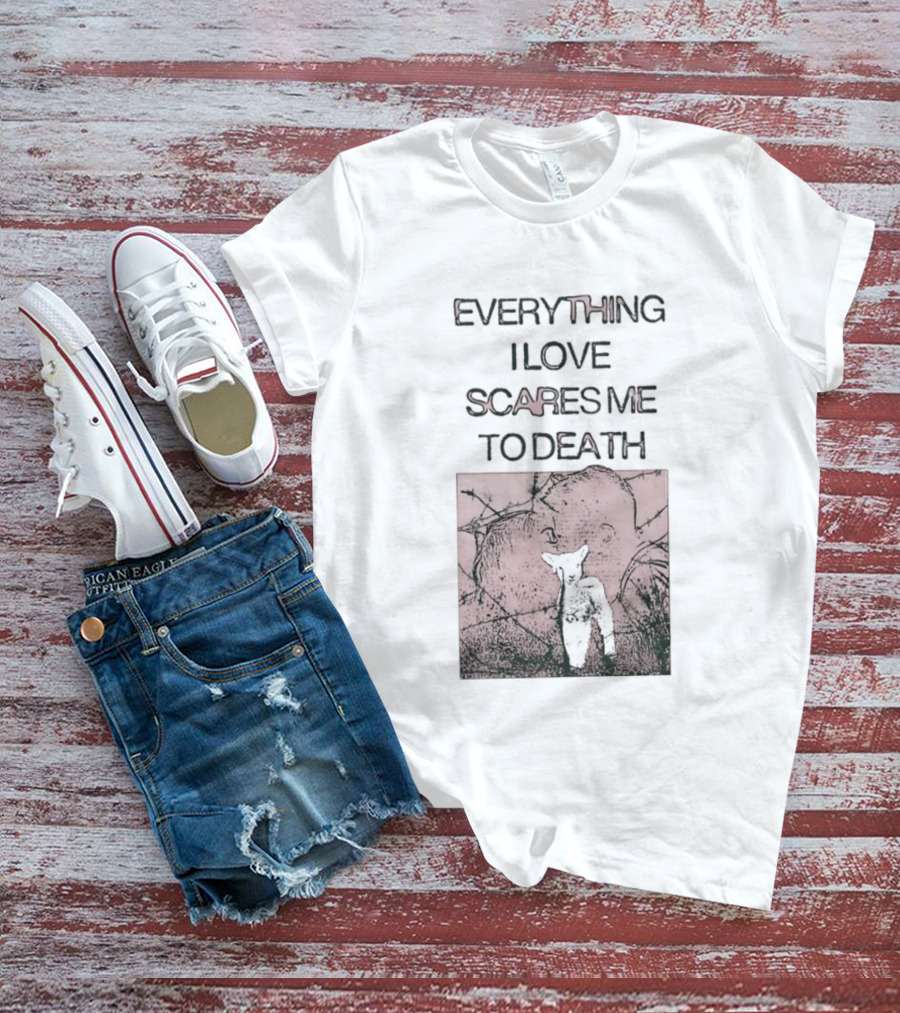 Everything I Love Scares Me To Death Existential Dread Sheep On Red T-Shirt