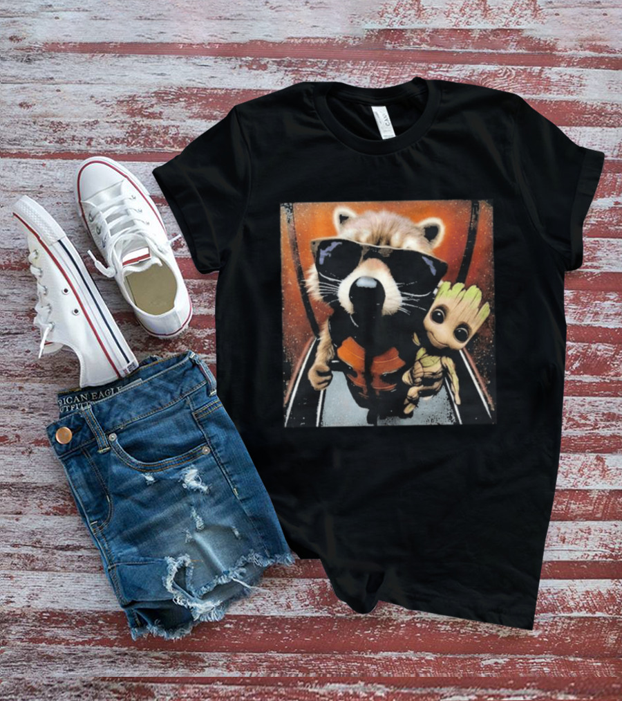 John Bates Raccoon And Baby Tree Alien With Sunglasses And Orange Suit T-Shirt