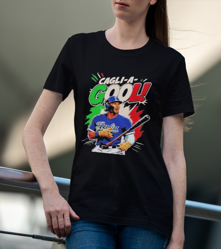 Cagli A Gool Italia Baseball Player Hitter With Italian Flag T-Shirt