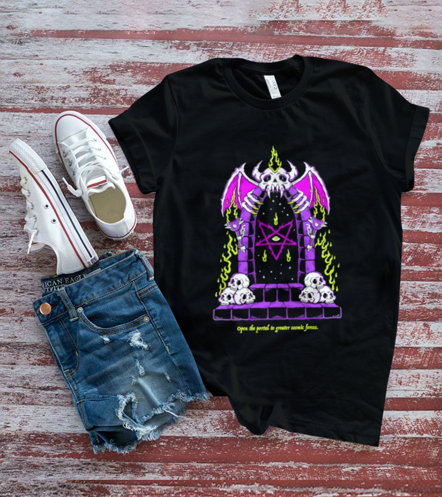 Open The Portal To Greater Cosmic Forces Pentagram Skull With Bat Wings And All Seeing Eye T-Shirt