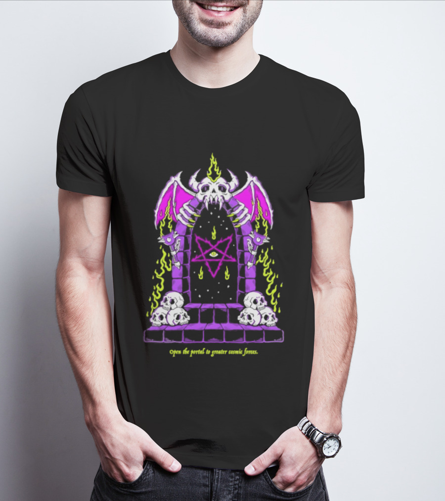 Open The Portal To Greater Cosmic Forces Pentagram Skull With Bat Wings And All Seeing Eye T-Shirt