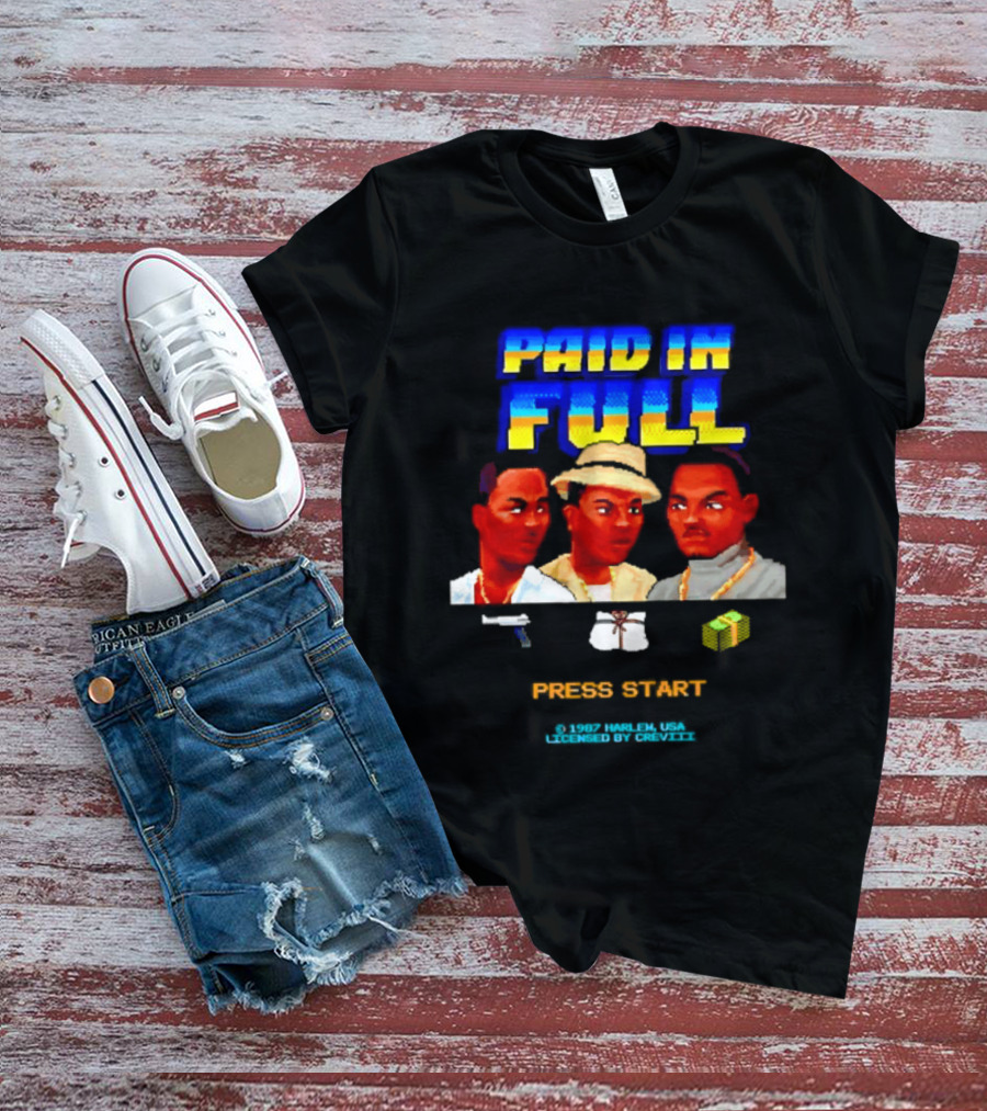 Paid In Full Press Start 1987 Harlem USA Three Figures With Hat Necklace And Gun T-Shirt