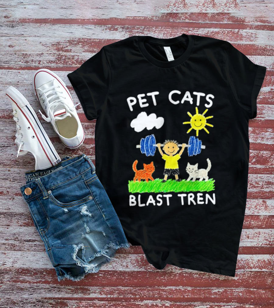 Pet Cats Blast Tren Bodybuilding Gym Child With Weights Sun And Clouds T-Shirt