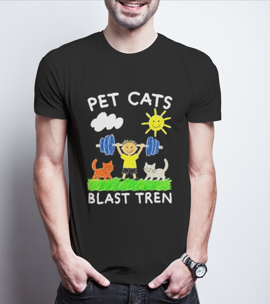 Pet Cats Blast Tren Bodybuilding Gym Child With Weights Sun And Clouds T-Shirt