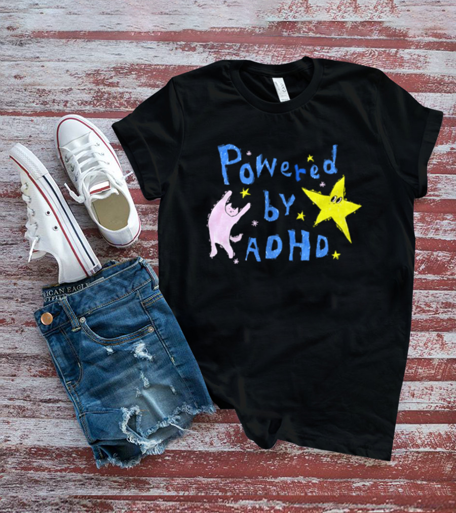 Powered By ADHD Neurodivergent Star And Cat With Yellow Stars T-Shirt