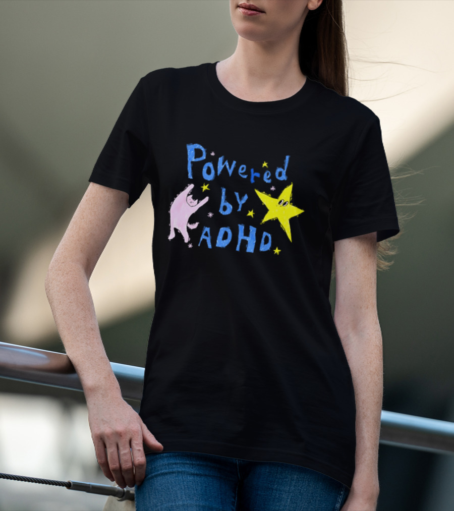 Powered By ADHD Neurodivergent Star And Cat With Yellow Stars T-Shirt