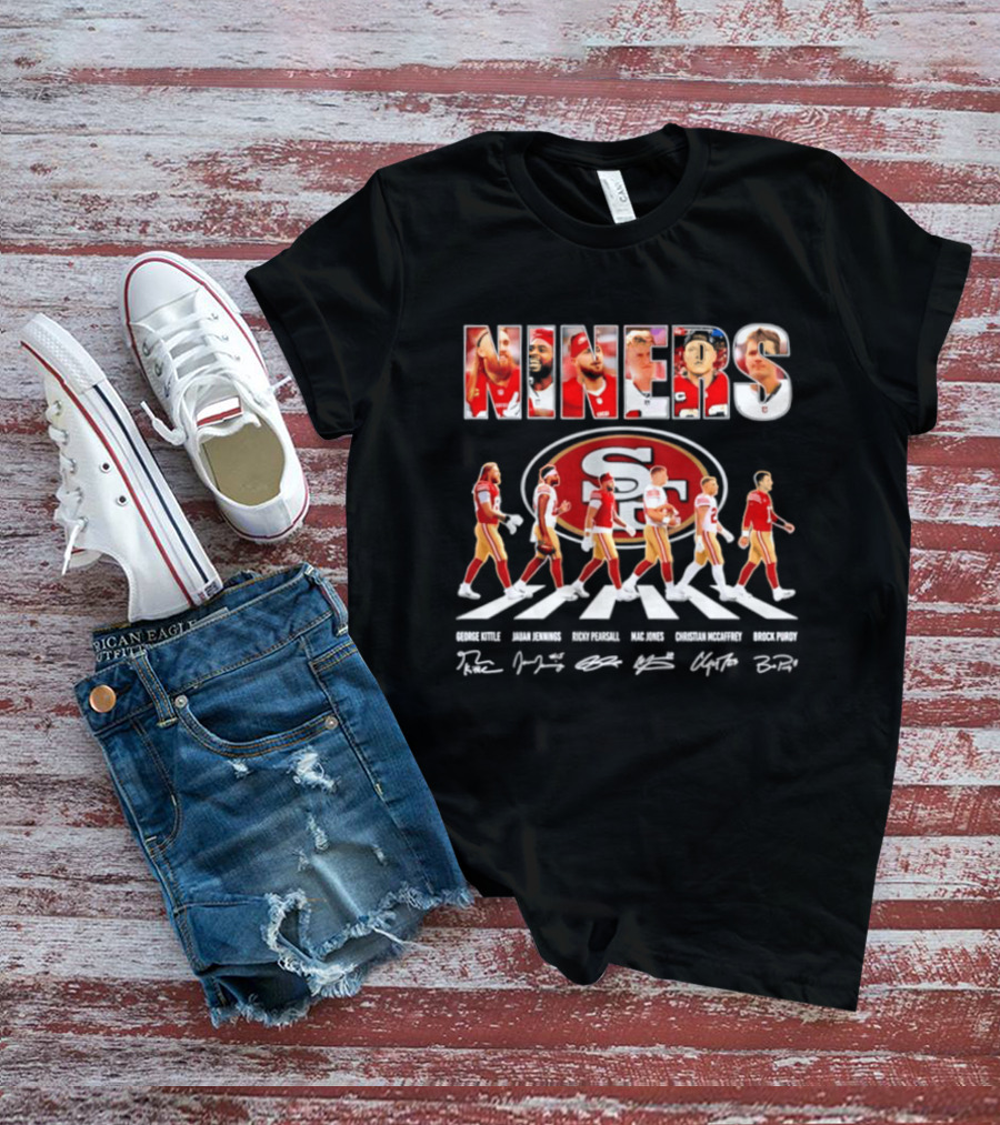 San Francisco 49ers George Kittle Jauan Jennings Ricky Pearsall Mac Jones Christian McCaffrey NINERS Walk NFL Legends Signatures T-Shirt