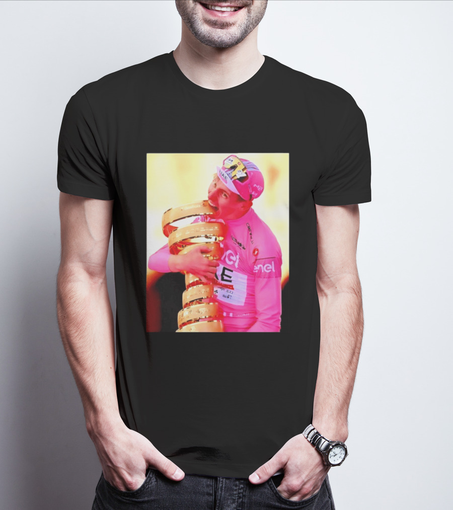Tadej Pogacar 2024 Giro D'Italia Trophy Celebration In Pink Jersey T-Shirt