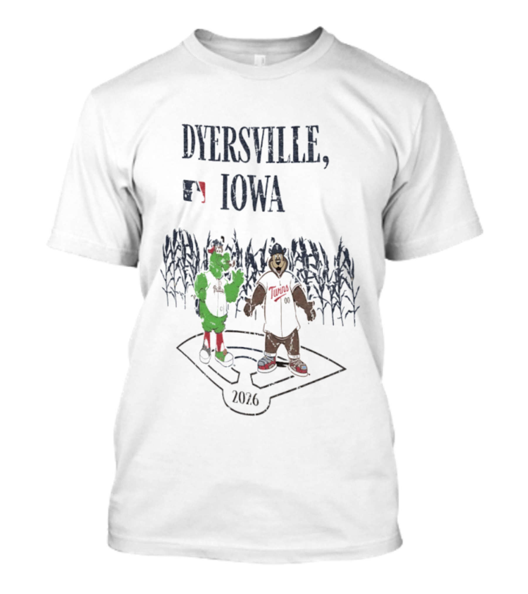 Dyersville Iowa 2026 MLB Philadelphia Phillies Vs Minnesota Twins Phillie Phanatic T.C. Bear Field Of Dreams T-Shirt