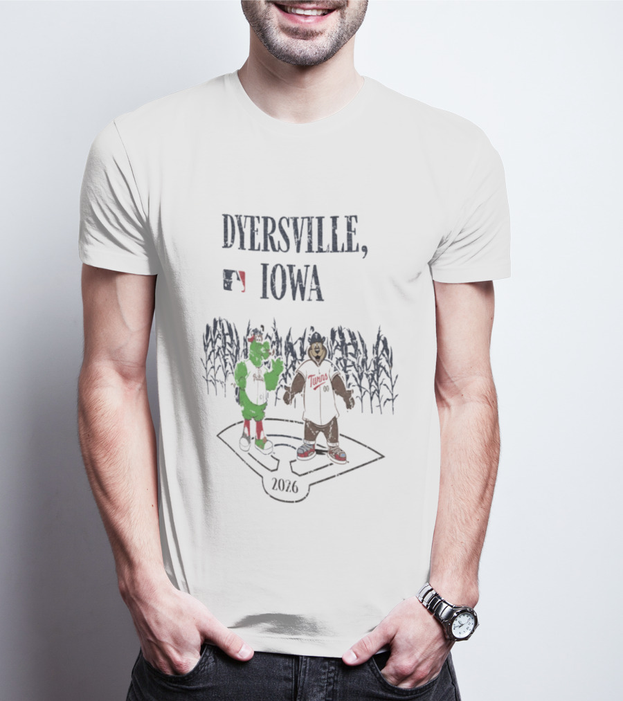 Dyersville Iowa 2026 MLB Philadelphia Phillies Vs Minnesota Twins Phillie Phanatic T.C. Bear Field Of Dreams T-Shirt