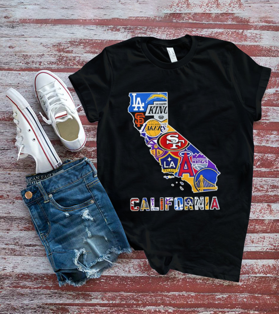 California Map Collage With 49ers Lakers Kings Giants Angels Dodgers Logos 2026 T-Shirt