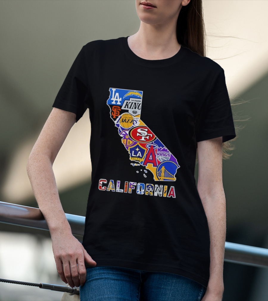 California Map Collage With 49ers Lakers Kings Giants Angels Dodgers Logos 2026 T-Shirt