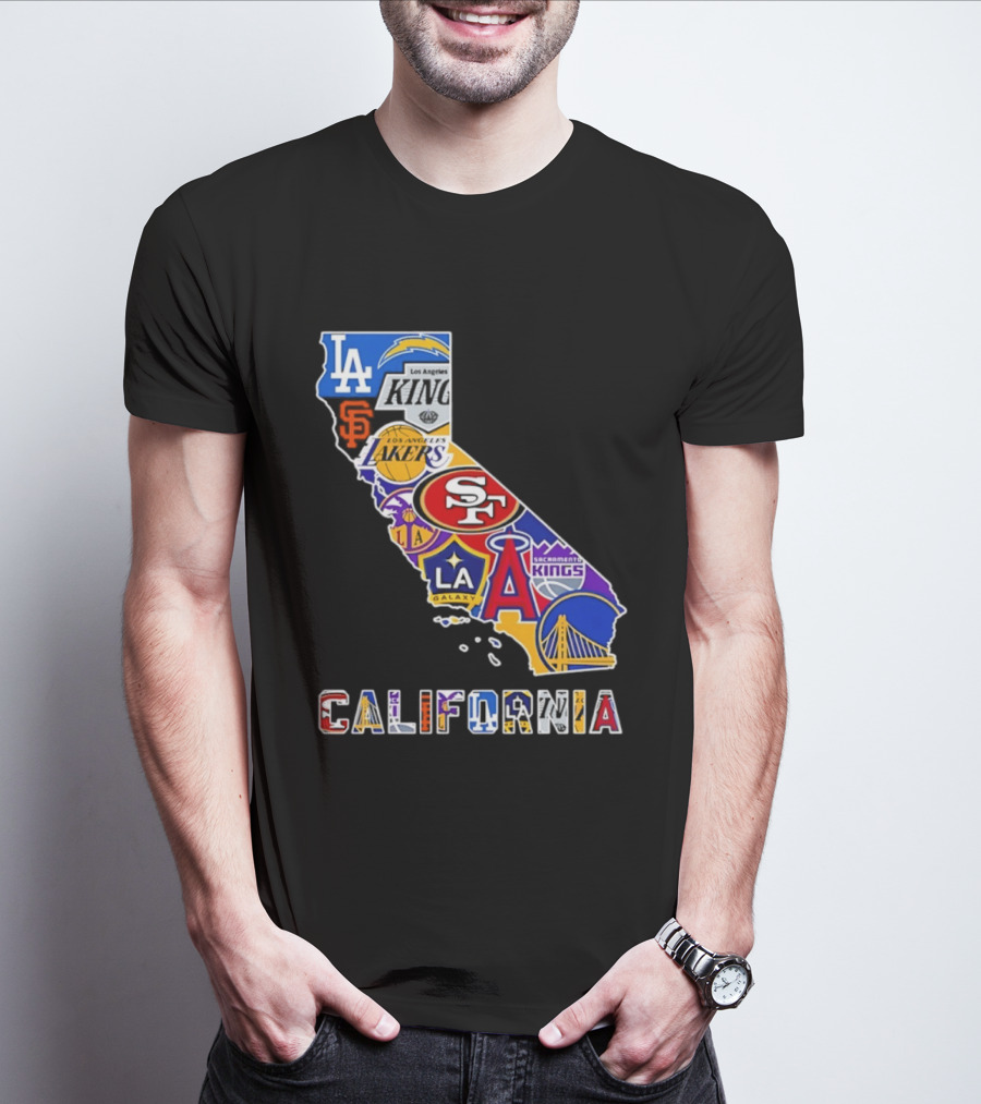 California Map Collage With 49ers Lakers Kings Giants Angels Dodgers Logos 2026 T-Shirt