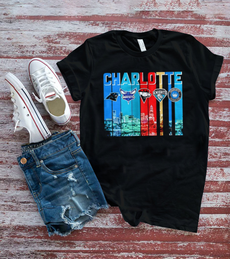 Charlotte Panthers Hornets Knights City Skyline Sports Team Logos T-Shirt
