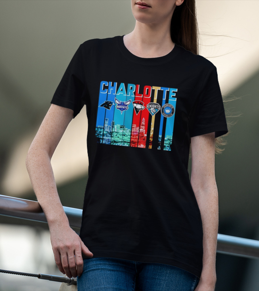 Charlotte Panthers Hornets Knights City Skyline Sports Team Logos T-Shirt