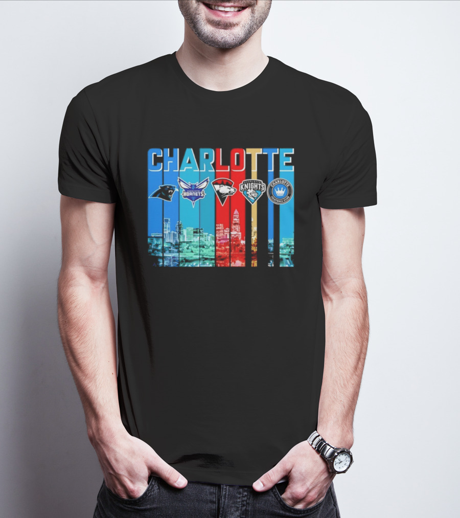 Charlotte Panthers Hornets Knights City Skyline Sports Team Logos T-Shirt