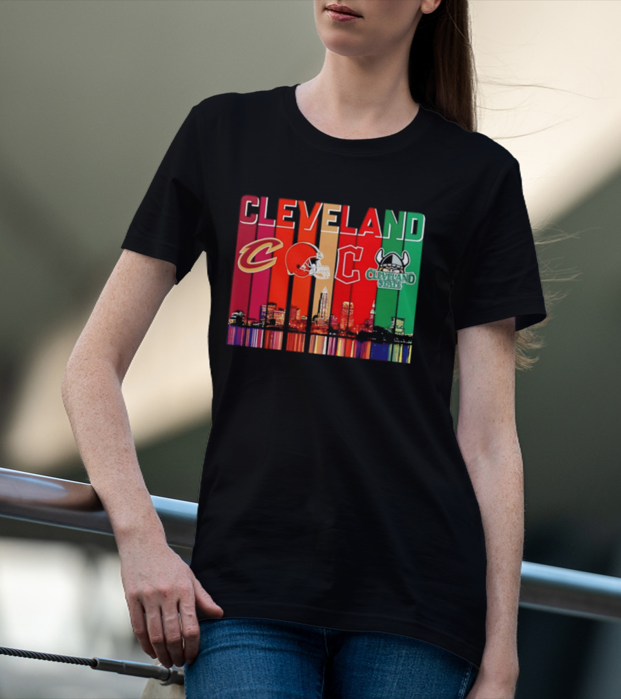 Cleveland Cavaliers Browns Guardians Cleveland State Vikings City Skyline T-Shirt