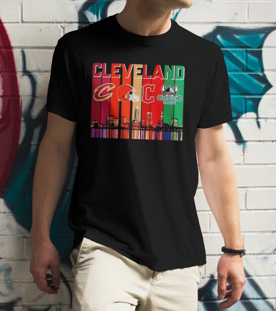 Cleveland Cavaliers Browns Guardians Cleveland State Vikings City Skyline T-Shirt