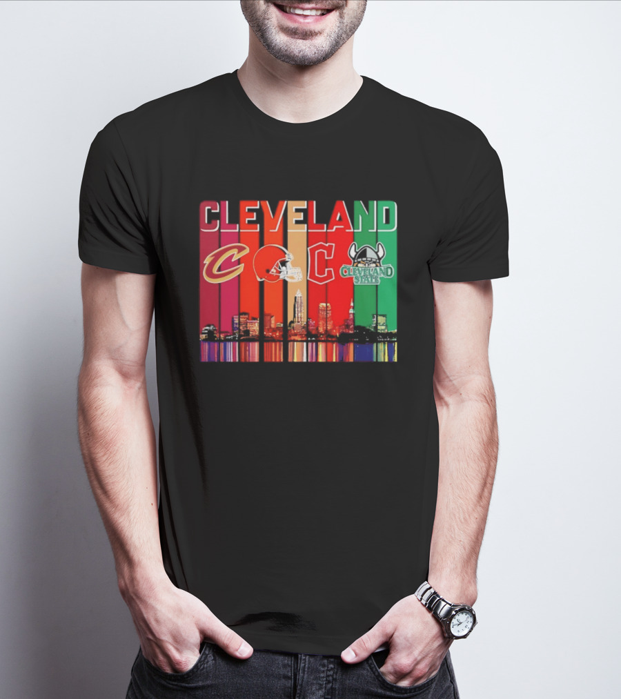 Cleveland Cavaliers Browns Guardians Cleveland State Vikings City Skyline T-Shirt