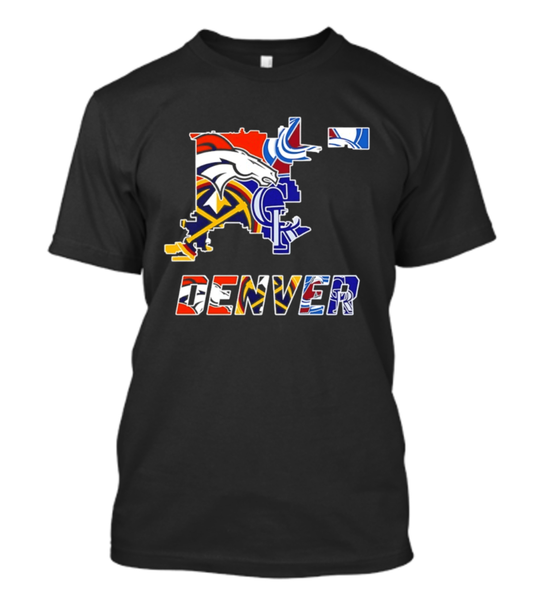 Denver Broncos Nuggets Avalanche Rockies Map Sports Team Logos T-Shirt