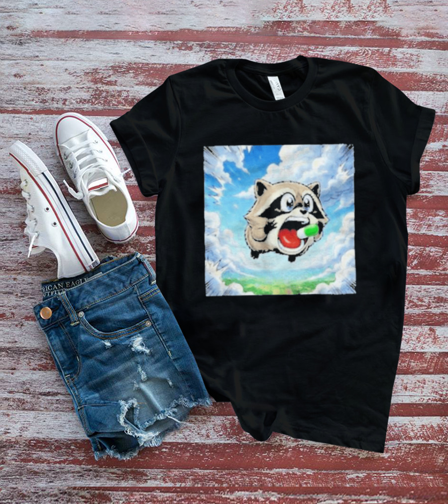 Jimothy Raccoon Cartoon Sky Dive With Colorful Capsule T-Shirt