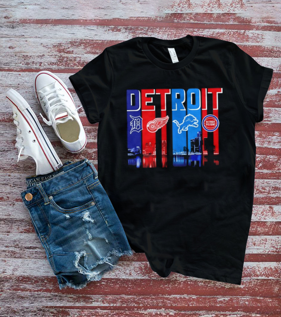 Detroit Tigers Red Wings Lions Pistons City Skyline 2026 T-Shirt