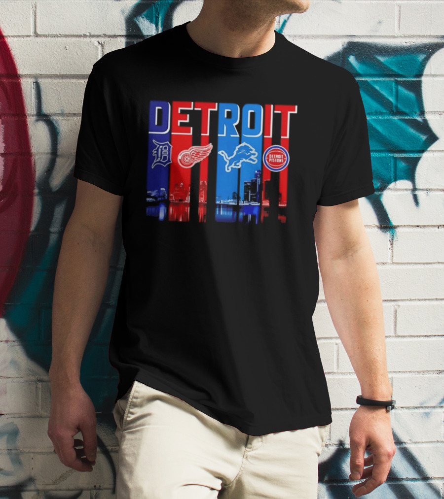 Detroit Tigers Red Wings Lions Pistons City Skyline 2026 T-Shirt