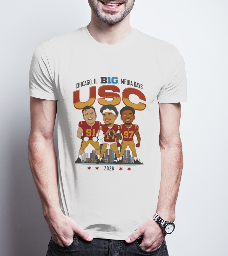 USC Trojans Big Ten Media Days 2026 Chicago Skyline Caricature Jayden Maiava Alex VanSumeren Jide Abasiri T-Shirt