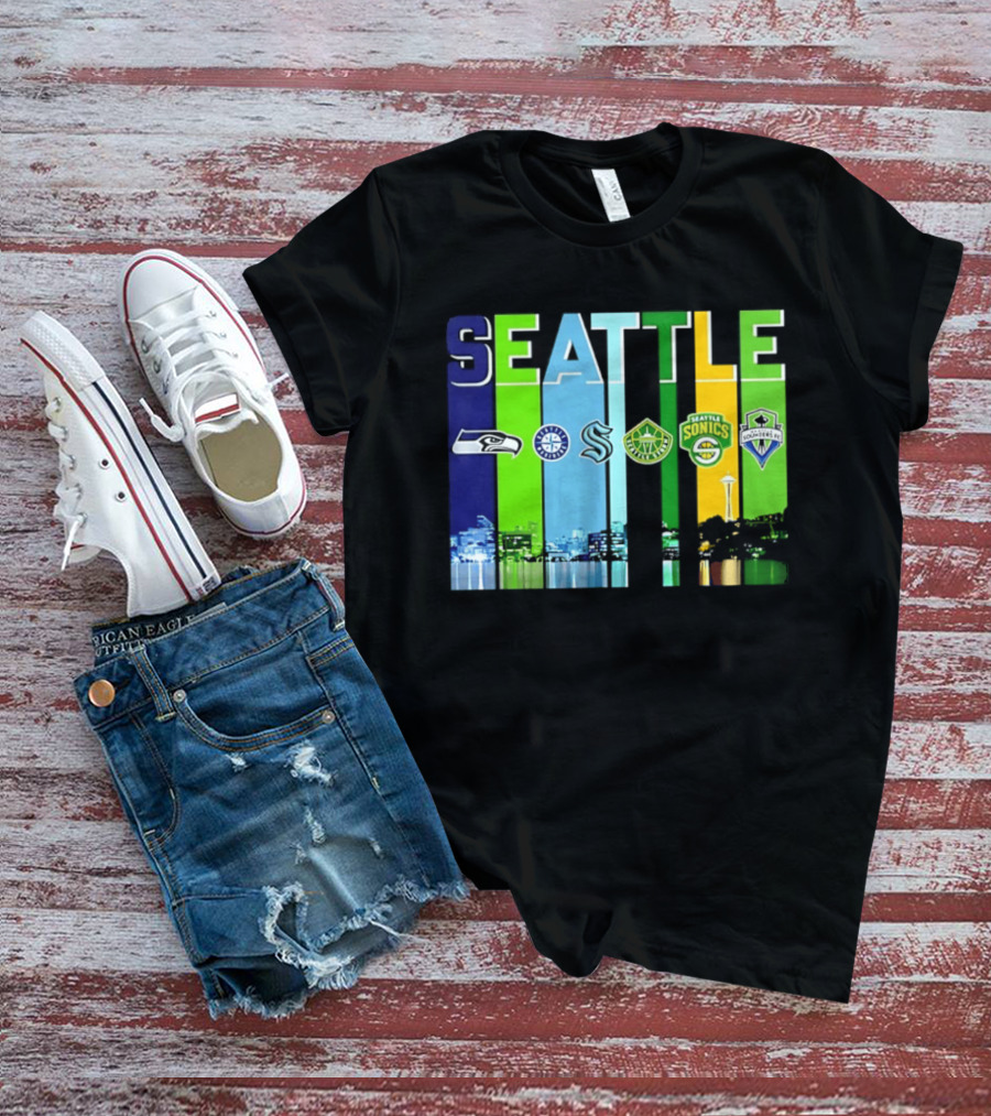 Seattle Seahawks Mariners Kraken Sonics Storm Sounders City Skyline T-Shirt