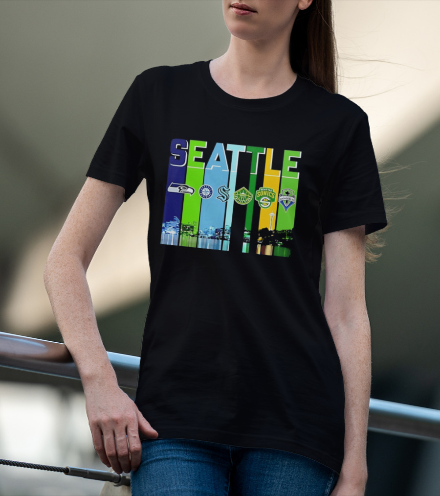 Seattle Seahawks Mariners Kraken Sonics Storm Sounders City Skyline T-Shirt