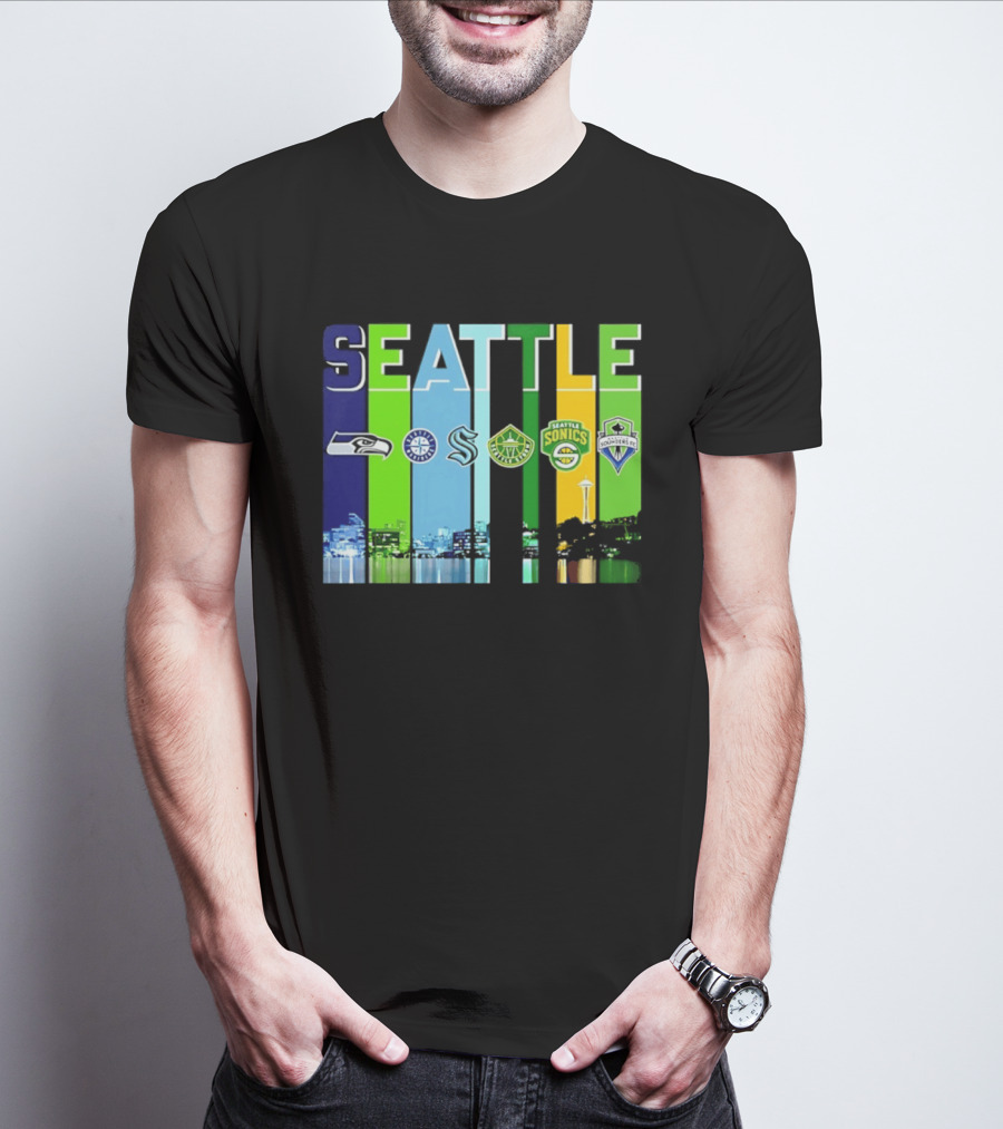 Seattle Seahawks Mariners Kraken Sonics Storm Sounders City Skyline T-Shirt